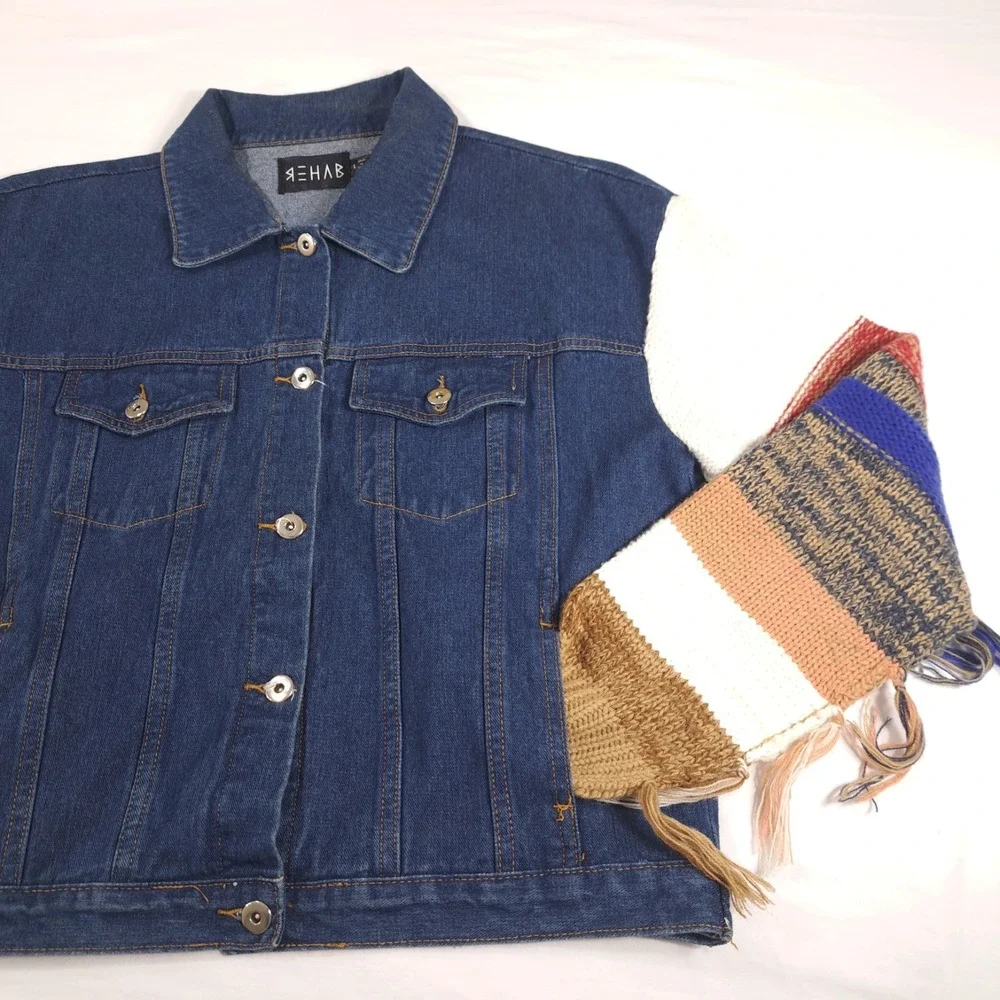 Rehab Women's Blue Denim Jean Coat Jacket Multicolor Knit Sweater Sleeves Size L